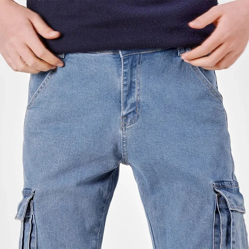 Men's Street Style Elastic Waist Denim Cargo Pants Solid Color Washed Slim Fit Casual Jeans with Multiple Pockets for Daily Wear — image 2
