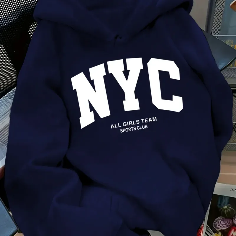 Neu: Herbst/Winter Bequemer marineblauer New York Team Kapuzenpullover - Langärmeliger Street-Style-Kapuzenpullover für Paare mit PoC