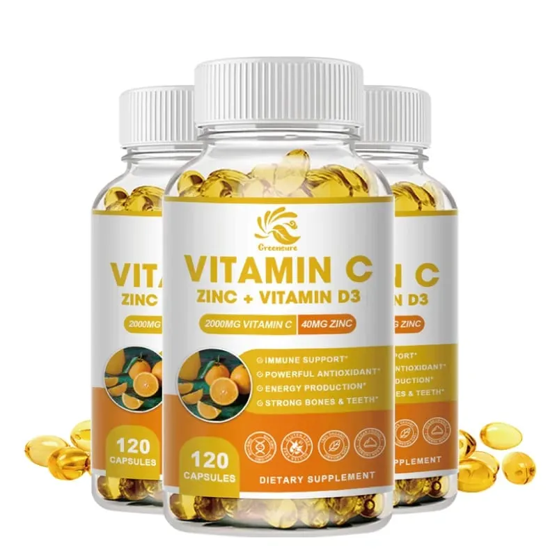 Greensure Supplements Zinc 40mg Vitamin C 2000mg and Vitamin D3 5000 IU (125mcg) Per Serving - 60/120 Capsules — image 7