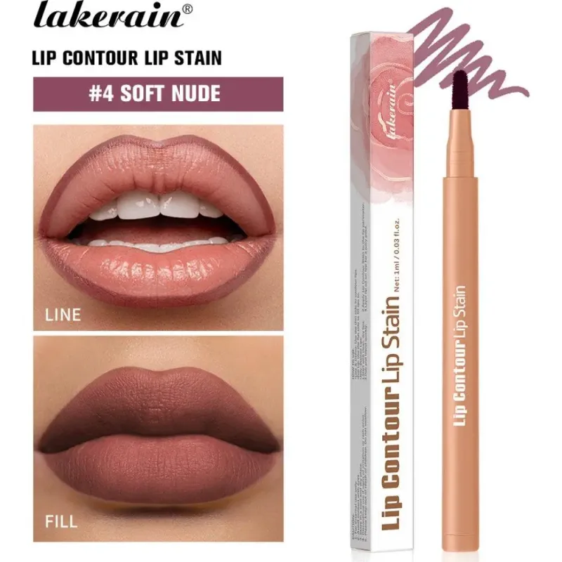 2-in-1 Lip Contour Stain Lip Tint Soft Nude Lip Makeup Smudge-proof Non-stick Cup Moisturizing Lip Stain & Liner Pen Long-wear