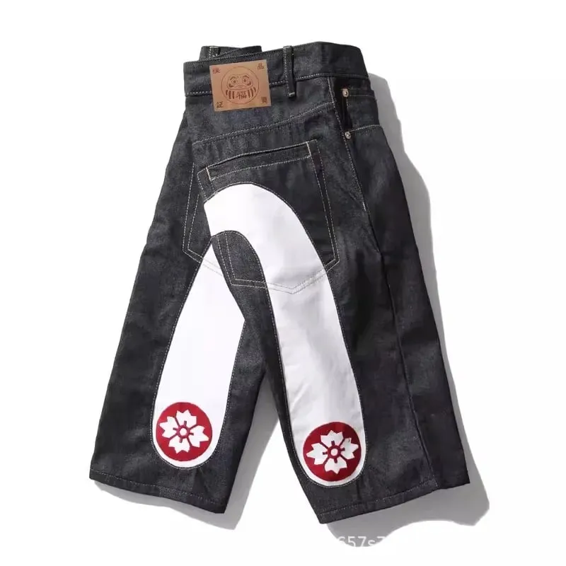 Men Embroidery Denim Shorts Black Hiphop Jeans Pants Cherry Blossom Dragon Totem Washed Zipper Cotton Summer cherry blossoms 024 — image 9