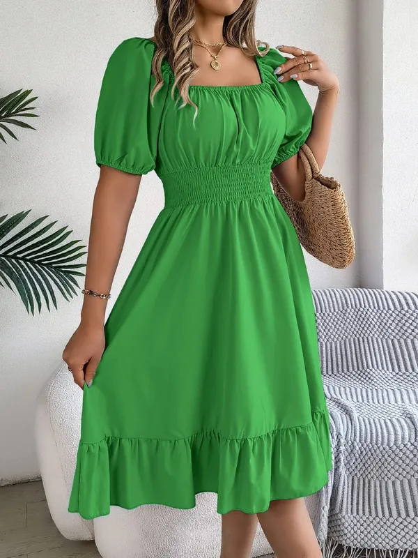 Spring Summer Elegant High Waisted Dress Square Neck Short Sleeved Ruffled Edge Long Dresses 2026 Valentine's Day Woman Clothing — image 14