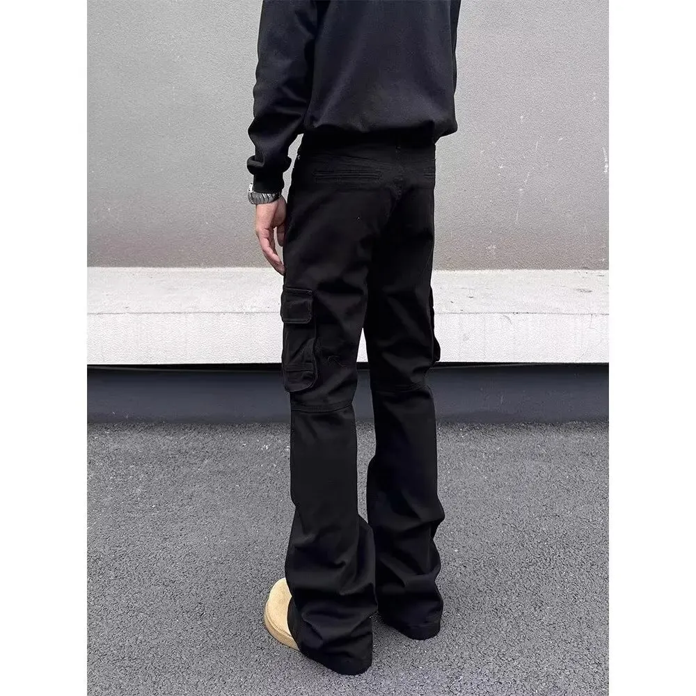 American style Vibe retro heavy industry multi pocket splicing workwear jeans men's straight tube micro flared slim fit long pan — image 5