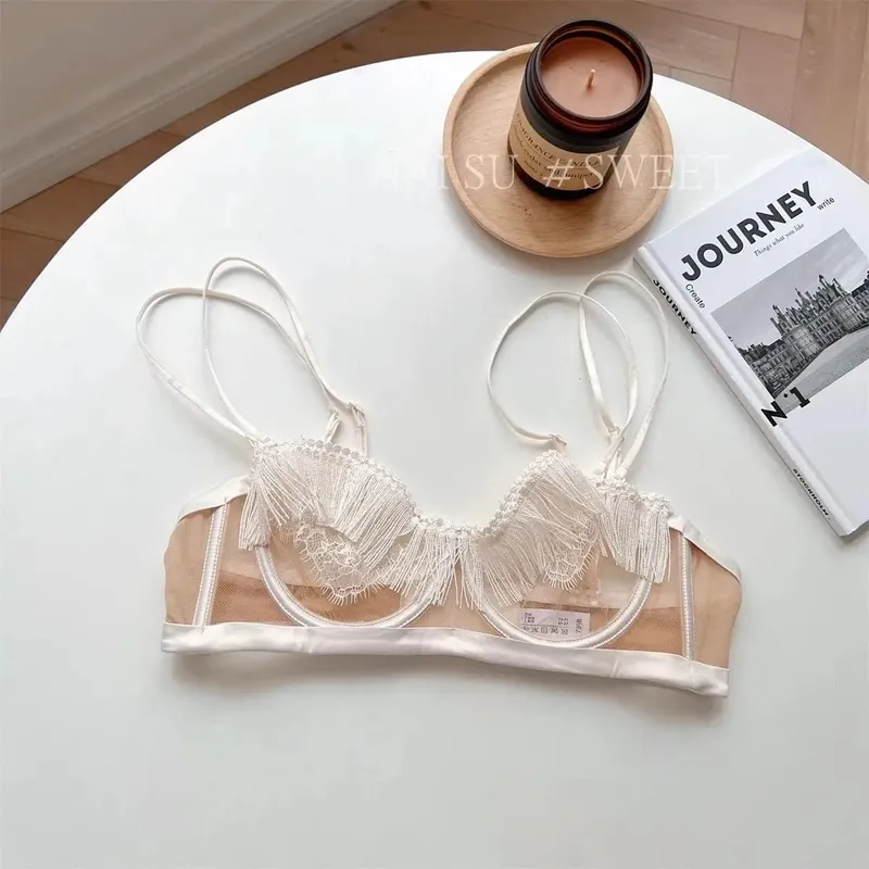Premium Sheer Mesh Bra Set Fringed Lace Half-Cup Minimizer Ultra-Thin Luxury Lingerie Full Bust Coverage Slim Silhouette