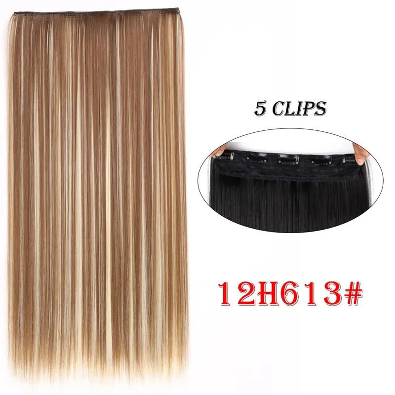One Piece Clip In Hair Extensions 24" Straight Thick Synthetic Clip In Hairpieces Highlights Black Brown Soft For Women Daily