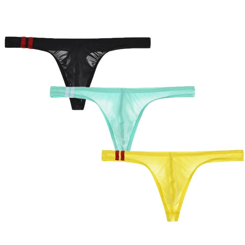 3Pcs/lot Sexy Underwear Men's T-Back Underpants Thongs G-String Ice Silk Breathable Male Bikini Panties U Convex Pouch Undies — image 3