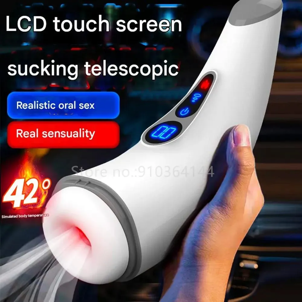 Automatický výkonný sací teleskopický kalíšek na mužskou masturbátor Inteligentní vyhřívání Vibrace Stroj na kouření Orgasmus Sexuální hračky pro dospělé pro muže