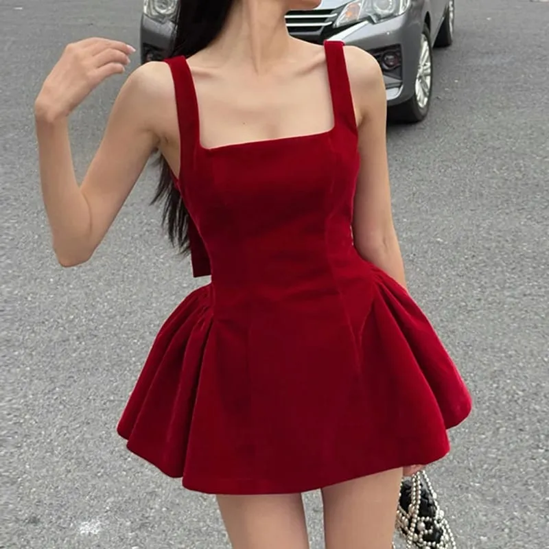 Fashion Red Bowknot Mini Dress Straps Square Collar Sleeveless Backless Vintage Cute Ladies Slim Party Short A-line Dresses — image 2