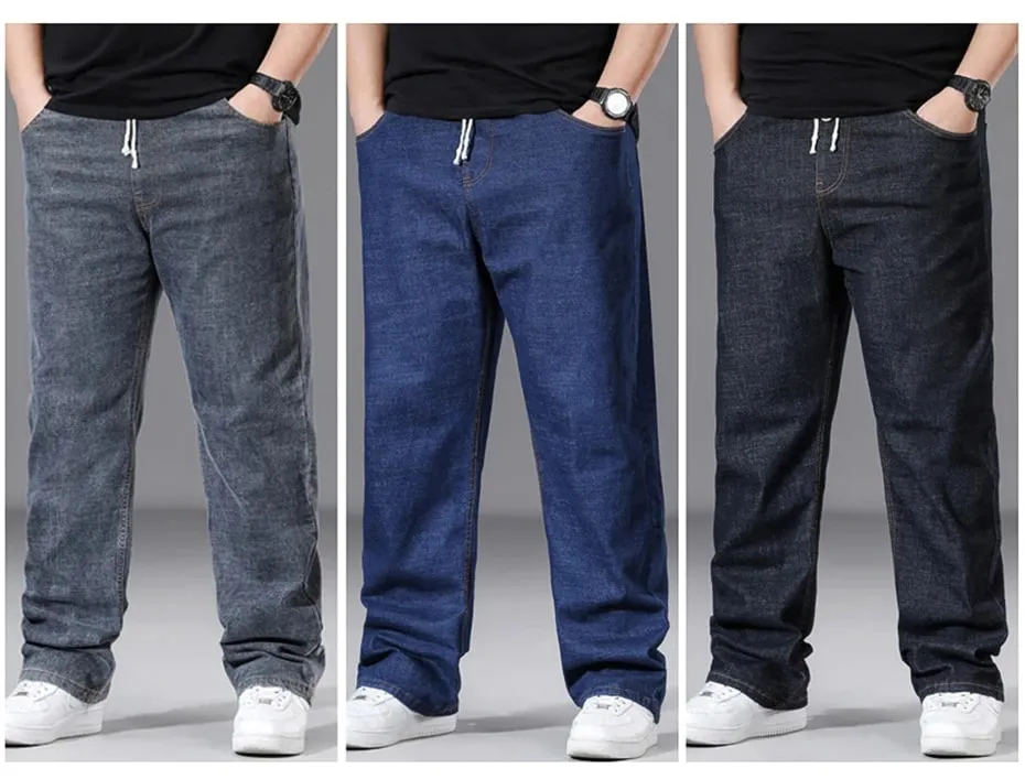 8XL Plus Size Jeans Men Solid Color Denim Pants Male Fashion Casual Baggy Jeans Elastic Waist Straight Pants