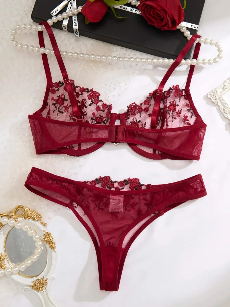Ladies' Wine Red Heart-Shaped Design Embroidered Semi Transparent Comfortable Breathable Underwear Set Suitable ZA825026 — image 2