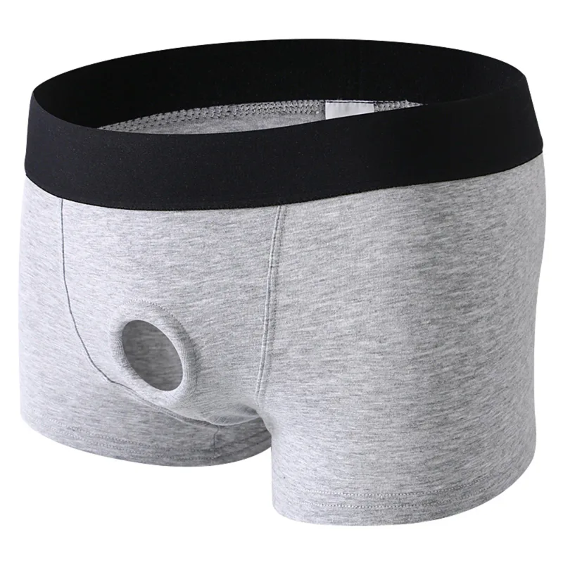 Herren-Unterwäsche aus Baumwolle, weiche Boxershorts mit offenem Beutel und Loch, Penisring, Silikonring, sexy Boxershorts, erotische Höschen, Badehose, dehnbar