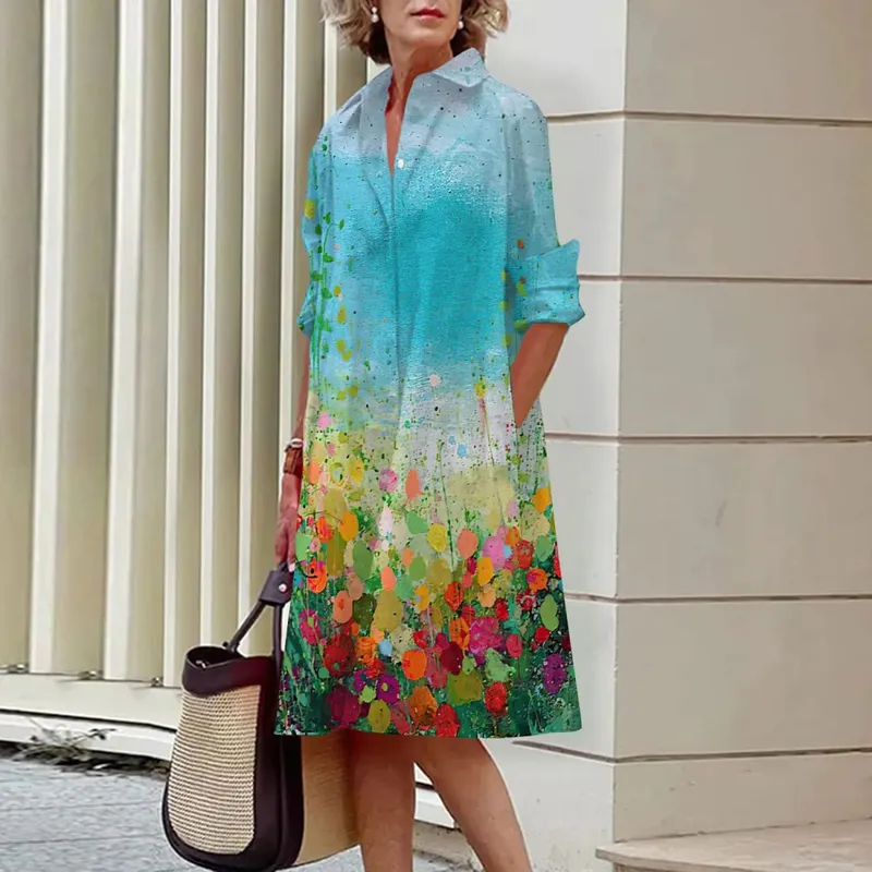Summer Fashion Women's Dresses Long Sleeve Lapel Button Elegant High Temperament Casual Oversized Medium Long Dress 2023 — image 3