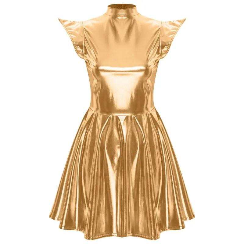 Womens Cocktail Dress Shiny Metallic Dress Alien Space Cap Sleeve High Waist A-line Dress for Halloween Party High Street Dress