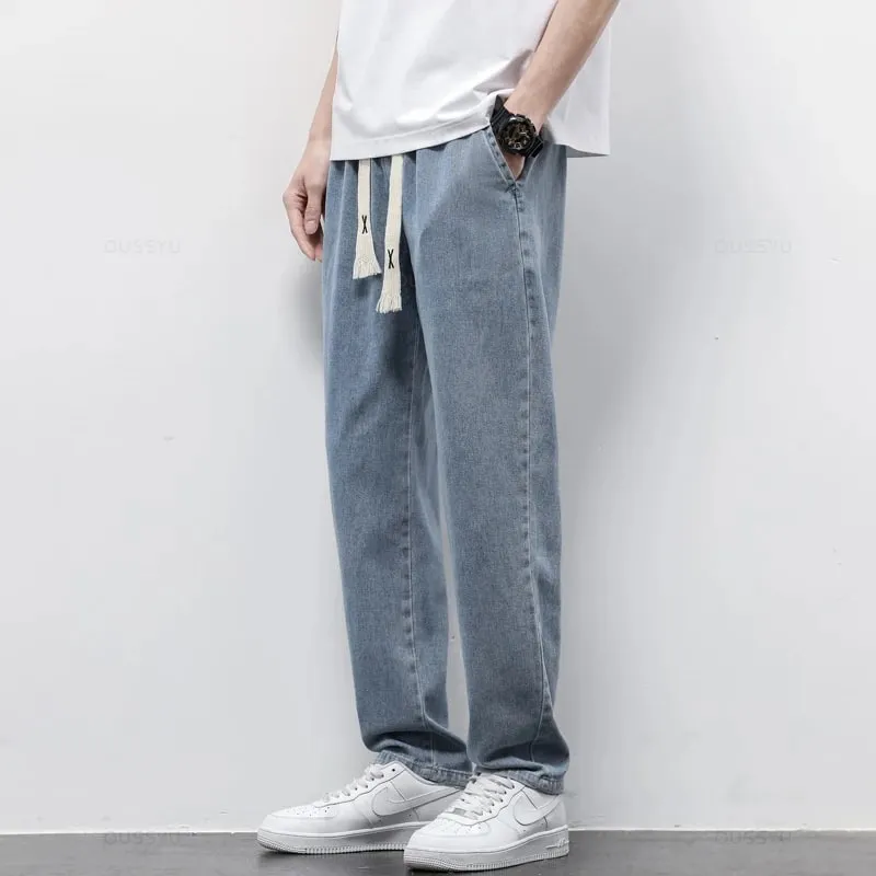 High Quality Fully Elastic Waist Men's Jeans Cotton Soft Drawstring Straight Pants Korea Casual Trousers Male Plus Size S-5XL — image 6