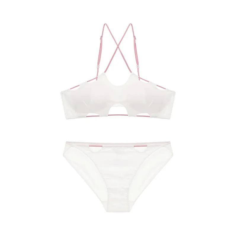 Sexy hanging neck bra simple solid color cross back bustier without steel ring breathable lingerie briefs women's underwear