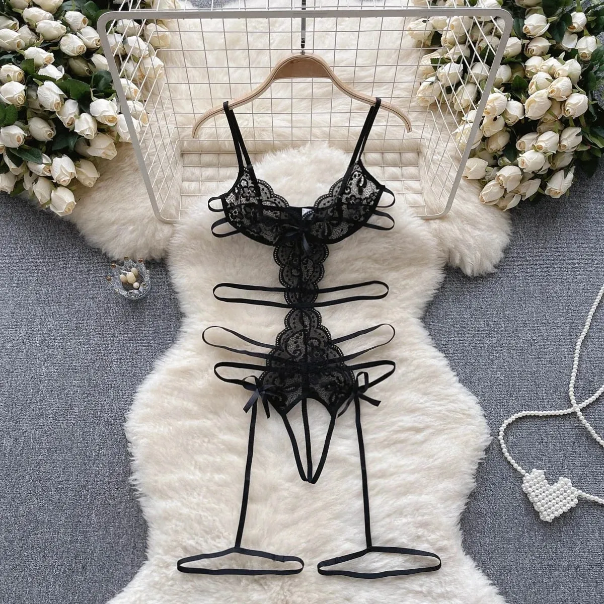 Women' Hollow Lace Camisole Bodysuit V-Neck Backless Sleeveless Erotic Lingerie Slim Fit Bow Pajamas Sexy Black Sheer Playsuit