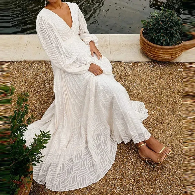 Elegant V-neck Jacquard Swing Long Dress Women Casual Lantern Sleeve Loose Party Dress Fashion Hight Waist Pleated Evening Dress