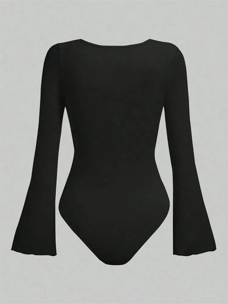 Women's Solid Color Ruffle Hem Flare Long Sleeve Bodysuit Autumn Winter 2024 Round Neck Plain Ruched Slim Fit Romper Top — image 2