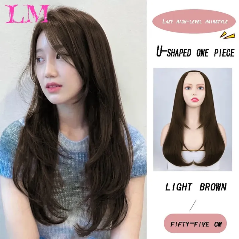 LM Synthetic Hair Extensions Long Straight U-Shaped Half Wig for Women Female Natural Black Blonde Hairpiece — image 13