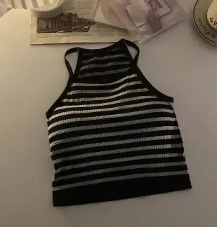 Korean Version Women Tank Tops Thread Solid Casual Fashion Crop Top with Chest Pad Stripe Sleeveless Outer Wear Basic Camisole — image 8