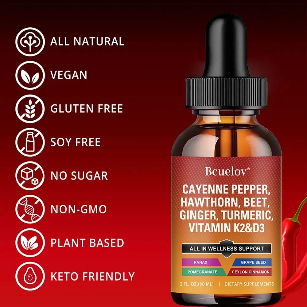 Cayenne Pepper Liquid Drops + Hawthorn Vitamin D3 K2 Ceylon Cinnamon Turmeric Organic Ginseng Supplement for Gut Health — image 5