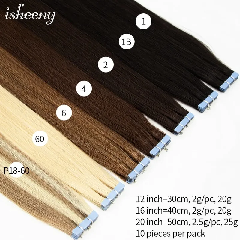 Isheeny Invisible Tape In Hair Extensions 12" 16" 20" Skin Weft Tape Ins 10ks Natural Straight Machine Made Remy Human Hair