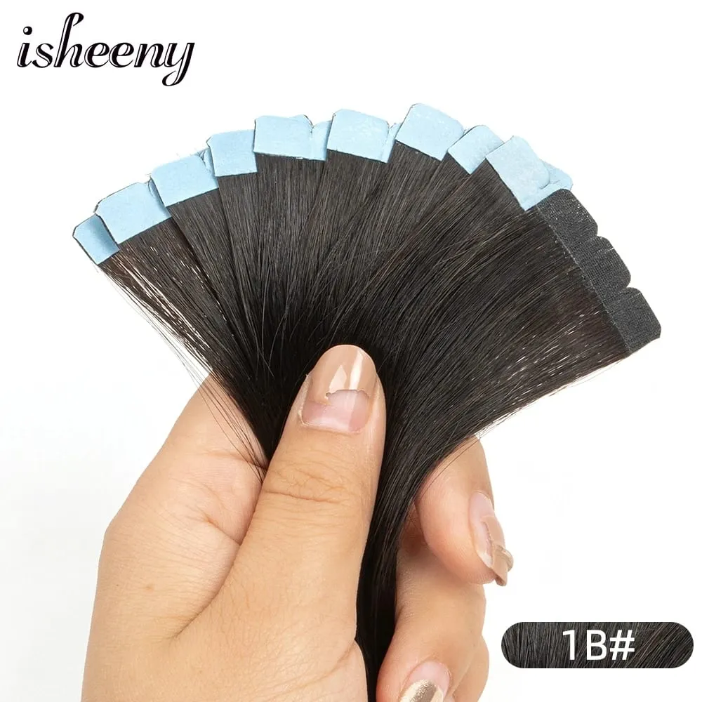 Isheeny 12"-24" Mini Tape Hair Extensions Machine Remy Skin Weft Adhesive Tape In Human Hair Natural Black Brown Blonde 10pcs