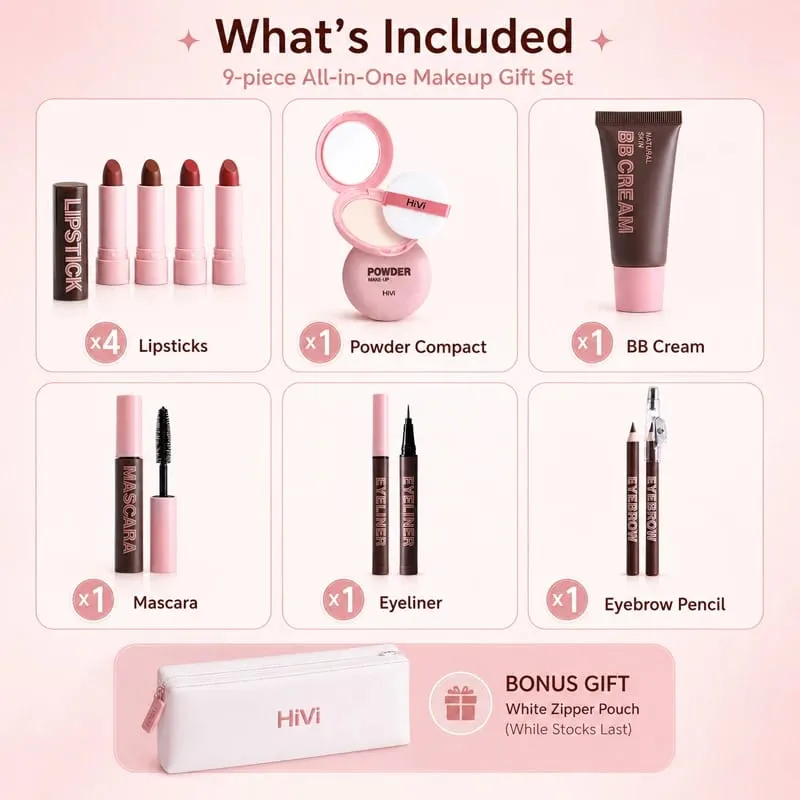 9PCS Makeup Gift Set for Women All-in-One Lipstick Mascara Eyeliner BB Cream Powder Compact Travel Beauty Kit for Beginners — image 6
