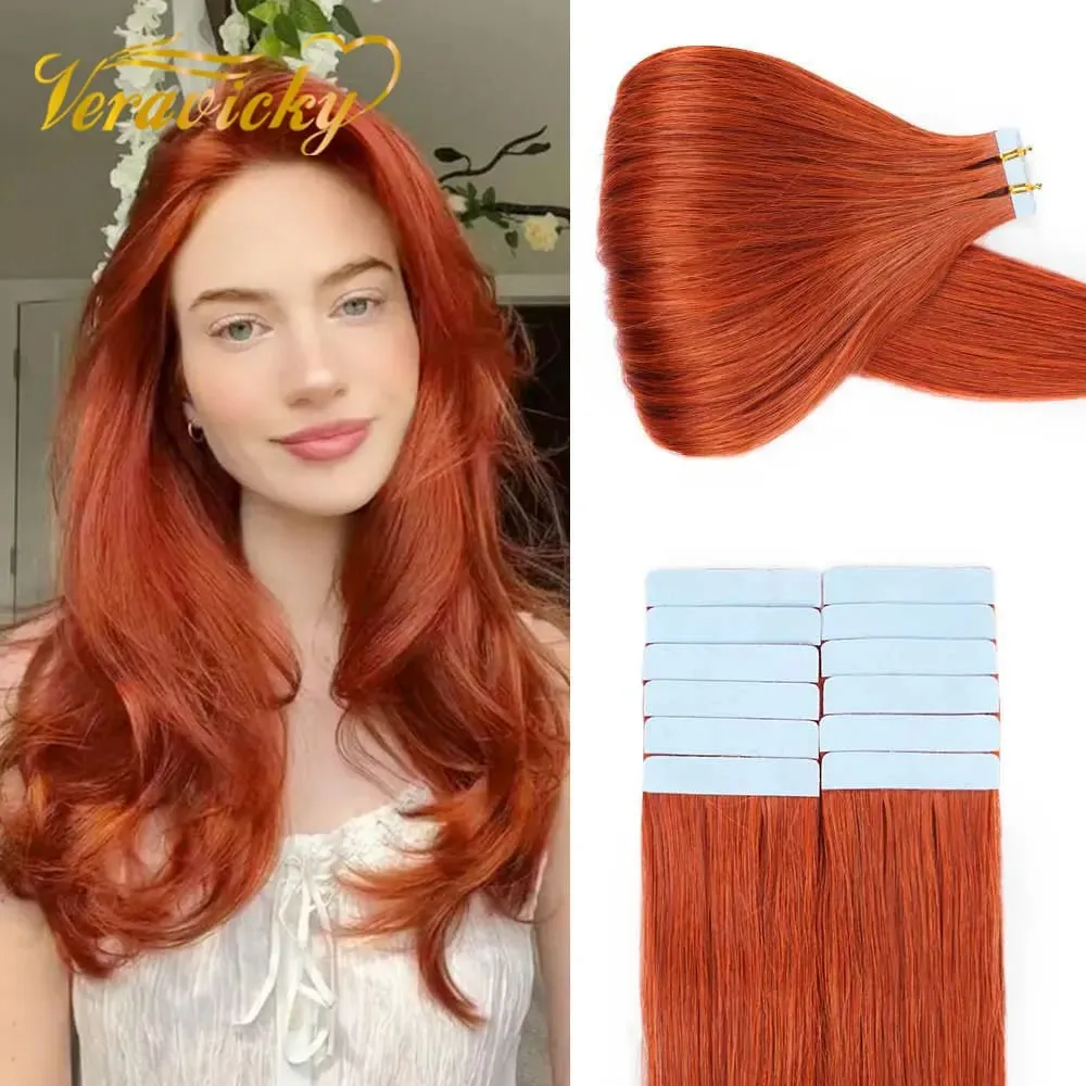 Veravicky cuivre rouge 50G ruban dans les Extensions de cheveux humains peau trame adhésif Invisible Machina Remy sans couture 100% vrais cheveux — image 2
