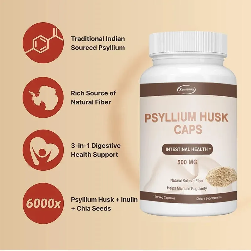 Psyllium Husk Capsules | Premium Soluble Fiber Supplement | Psyllium Powder Stool Softener and Relief for Adult Constipation