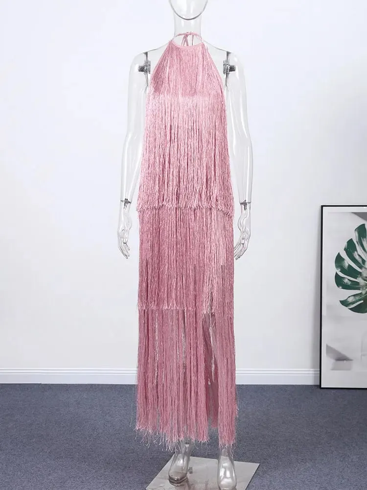 Vestido de festa feminino halter sem mangas sem costas borla sólida feminino longo vestidos de férias 2026 moda verão elegante senhora robe — image 5