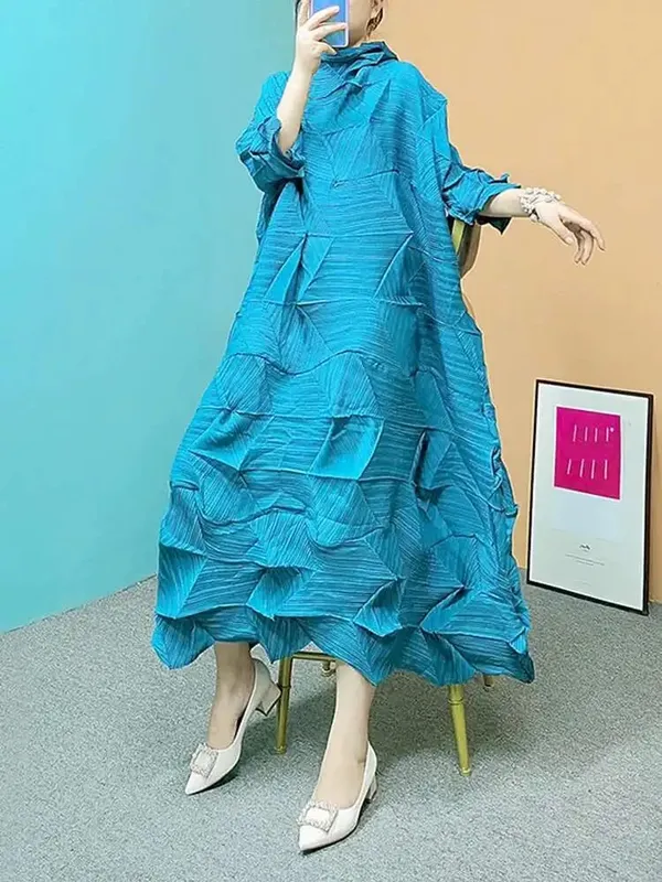 Pleated Maxi Dress For Women Turtleneck Solid Color Loose Style Female Fashion Clothing 2025 Spring Summer New 2DA3596 — image 8