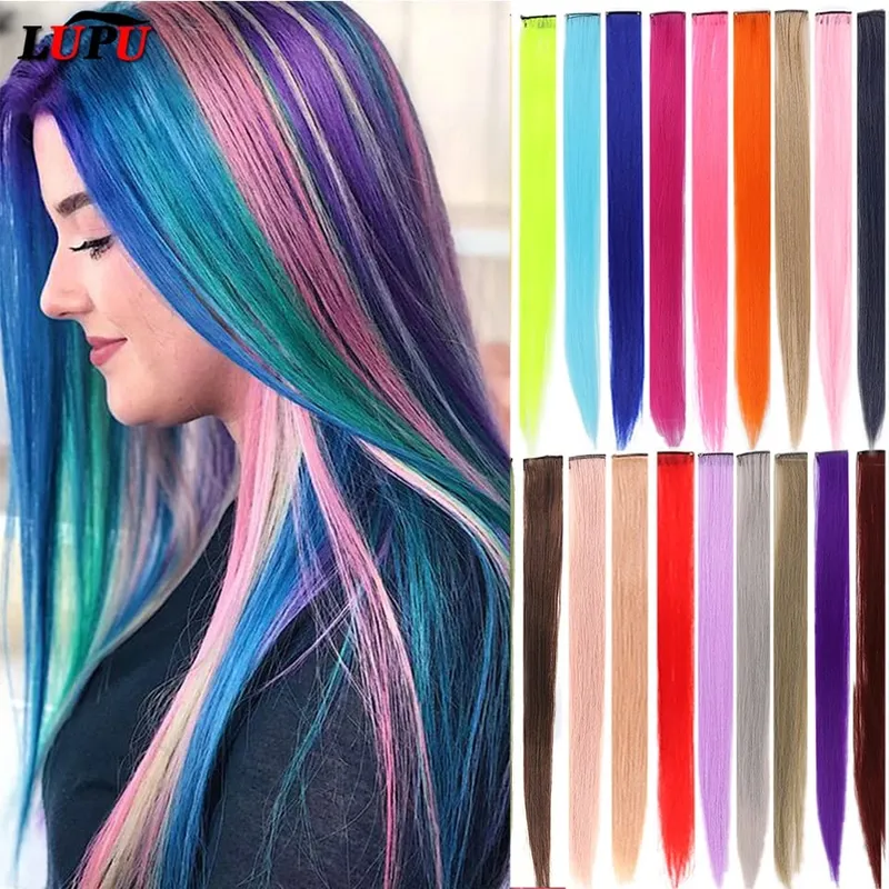 22 Inch Synthetic Colored Highlight Hair Extensions Rainbow Long Straight Hairpieces for Women Kids Girls Purple Pink Blue