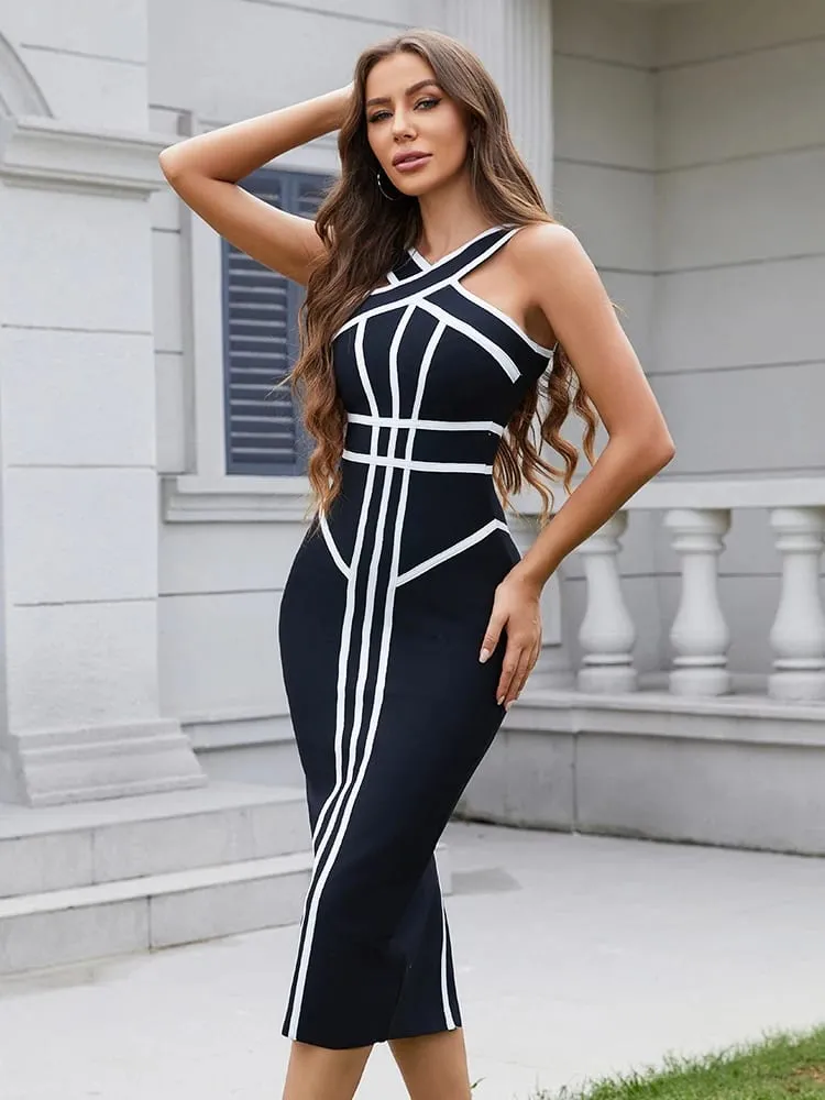 Classic White And Black Stripes Bandage Long Evening Dress Luxury Contrast Vintage Woman Bodycon Elastic Dress Slim Midi — image 2