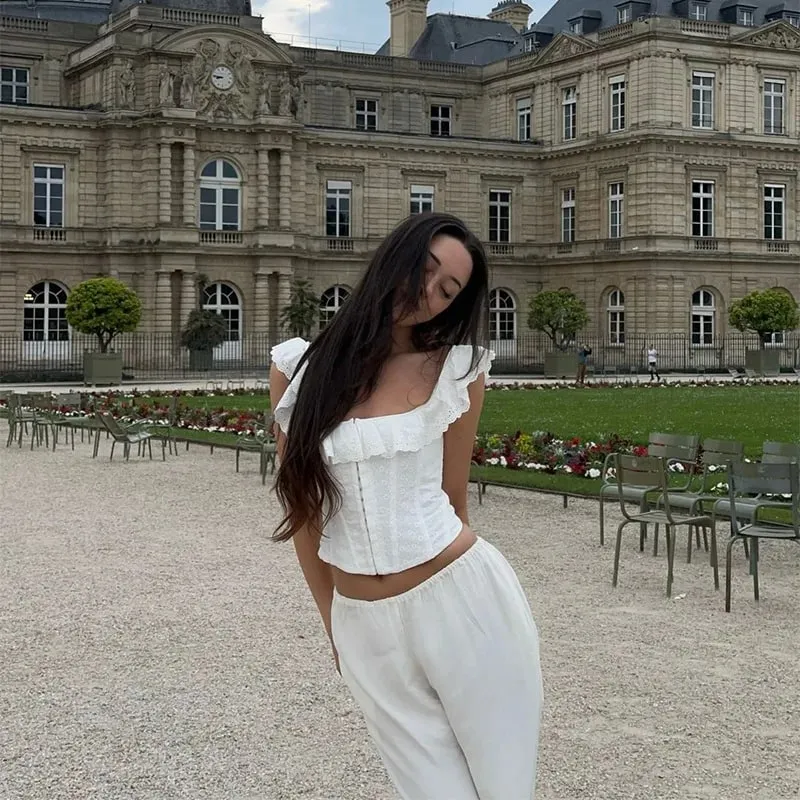 Baju Atasan Renda Tulang Ikan Ruffles Putih Wanita Leher Persegi Seksi Tanpa Belakang Tanpa Belakang Bodycon Atasan Cropped Musim Panas Pesta Memakai Rompi Tangki — image 8
