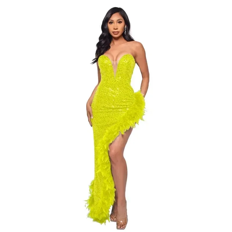 CM.YAYA Women Sequined Strapless Feather High Side Split Strapless Bodycon Midi Maxi Dress Sexy Club Even Party Dresses Vestidos