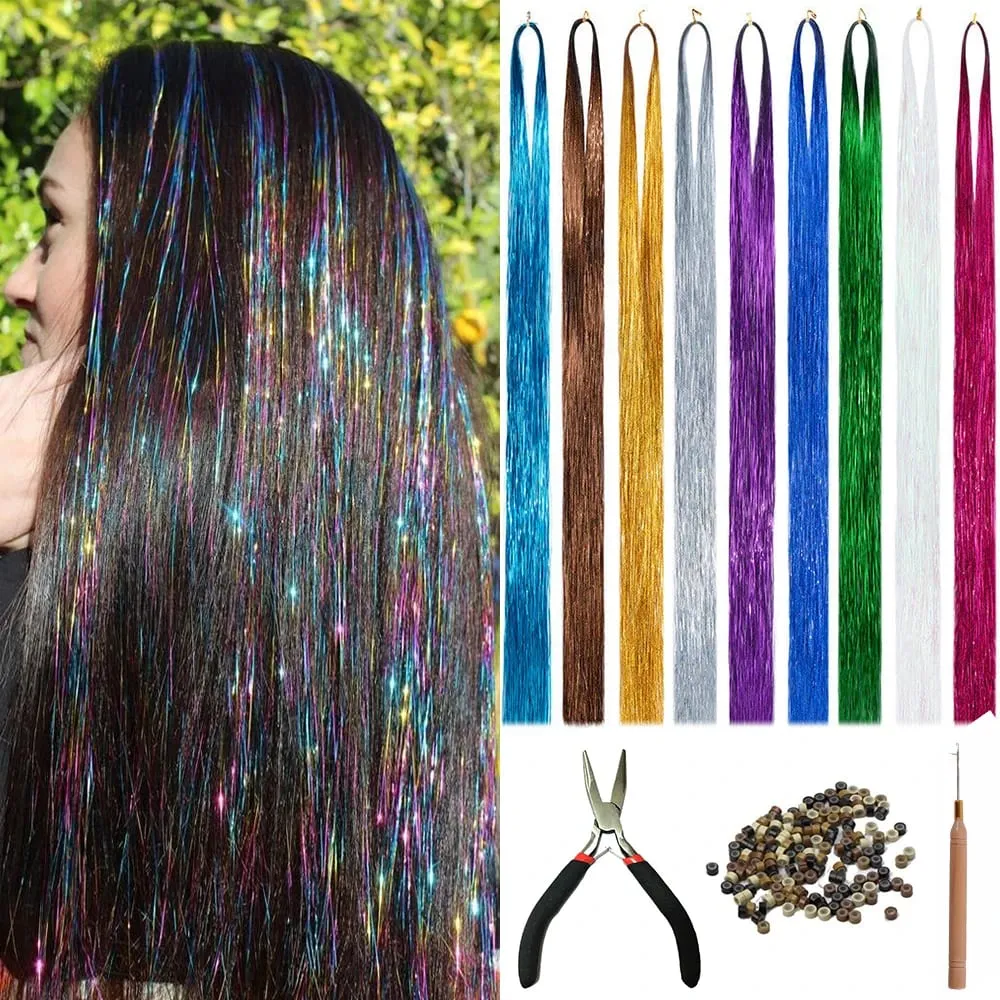 Long Sparkle Shiny Hair Tinsel Rainbow Silk Hair Extensions Dazzles Women Hippie For Braiding Headdress 120Strands/bag — image 1