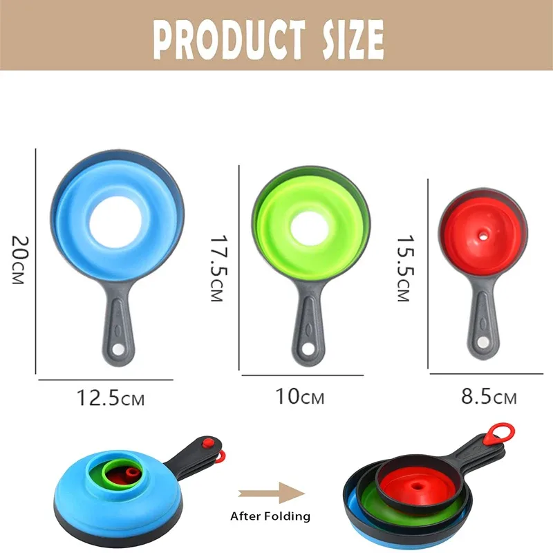 3Pcs/Set With 3 Size Kitchen Funnel Silicone Folding Telescopic Funne Powder Liquid Wide Mouth Jam Funnel Kitchen Utensils — image 6