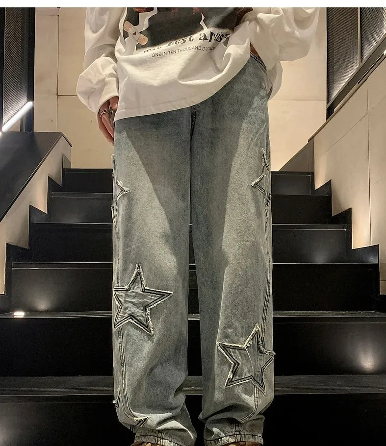 New Fashion Five-pointed Star Jeans Men High-waisted Vintage Streetwear Men Pants Baggy Winter Wide-leg Jeans Denim Men Clothing — image 6