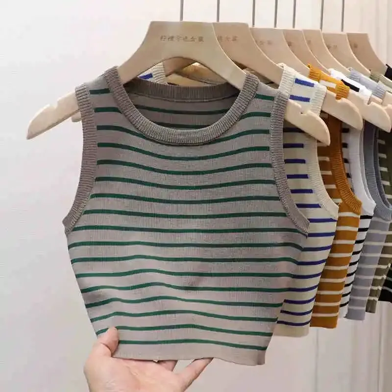 2026 Spring Summer New Sleeveless Ice Silk Knit Tank Top Striped O-Neck Women's Camisole Slim Fit Versatile Sexy Crop Tops