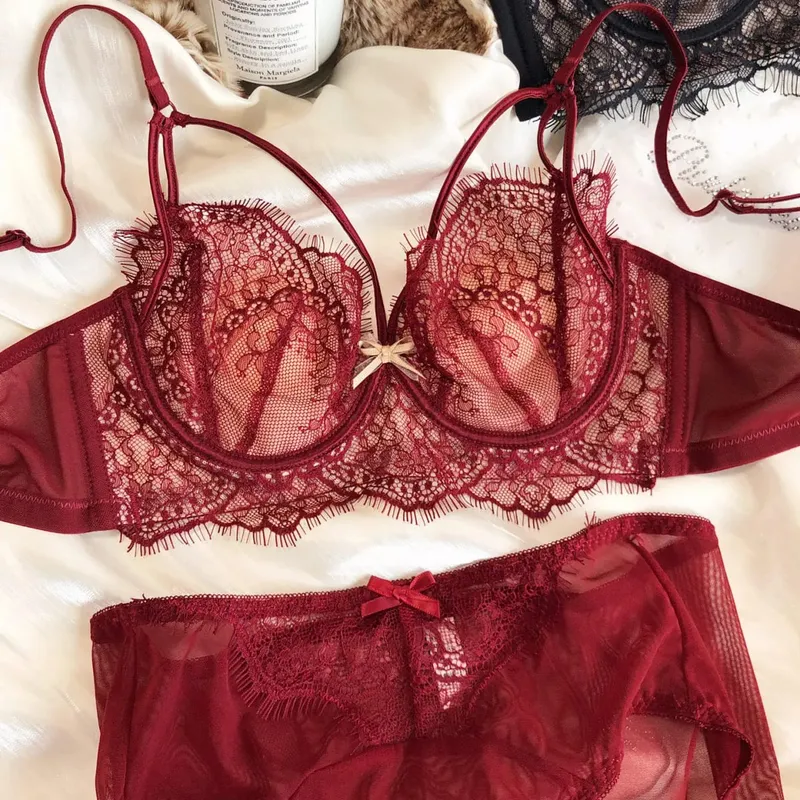 Slip reggiseno sexy vuoti Set francese coppa sottile ricamo biancheria intima da donna senza ferretto imbottitura in bralette Comfort Plus Size Lingerie — image 8