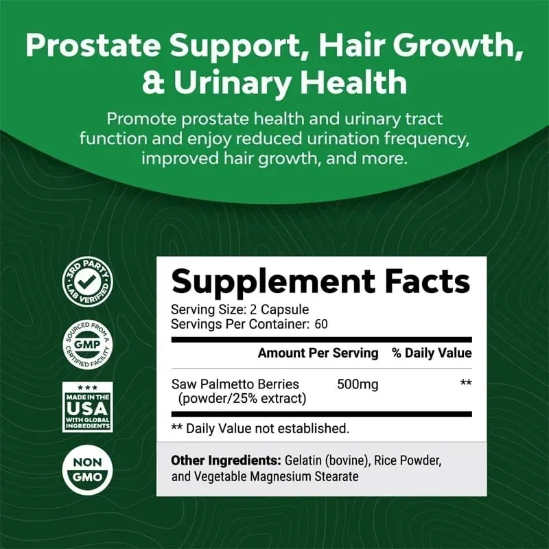 Saw Palmetto - El bloqueador de DHT para la salud urinaria y el suplemento de apoyo a la próstata previenen la caída del cabello