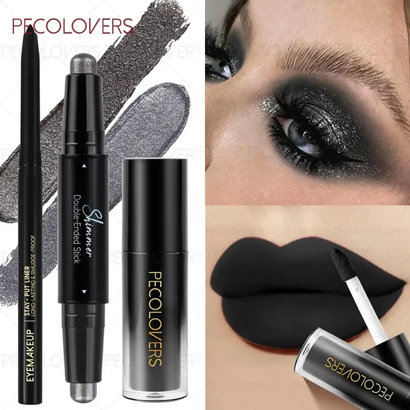 3PCS/SET Matte Lipstick+Black Eyeliner+Shiny Eyeshadow Pen Match to Create a Black Punk Makeup Halloween/Parties Daily Use — image 2