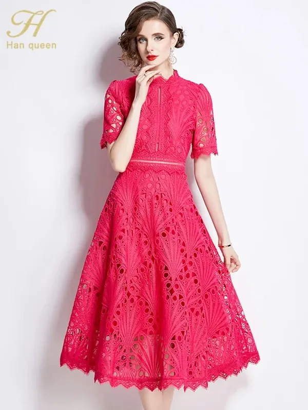 H Han Queen Spring New Elegant Casual Work Party Dresses Floral Crochet Hollow Out Lace Patchwork Casual Office Midi Dress