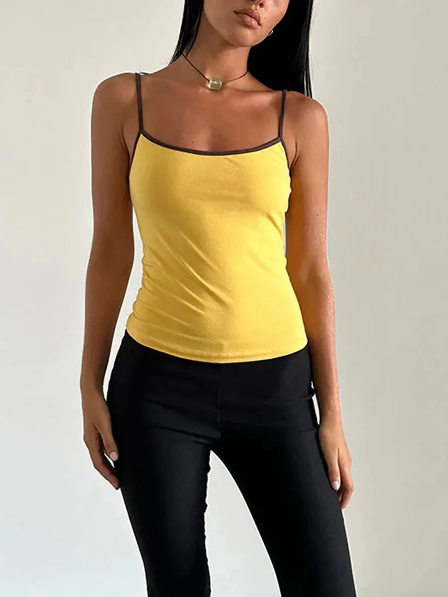 Women Spaghetti Strap Tank Top Scoop Neck Contrast Trim Crop Cami Top Y2K Aesthetic Sleeveless Fitted Basic Tops Streetwear