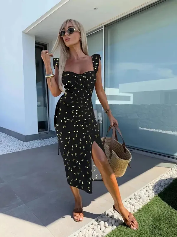 New European and American Summer Elegant Design Printed Suspender Slit Midi-Length Ladies Dress