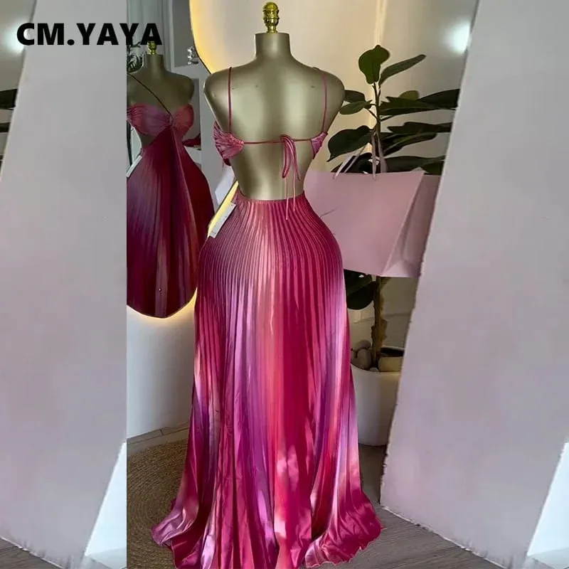 CM.YAYA 2025 Elegant Sleeveless Sweet Strapless Gradient Floor-Length Long Women Dress Beach Party Evening Sexy Pleated Dresses — image 3