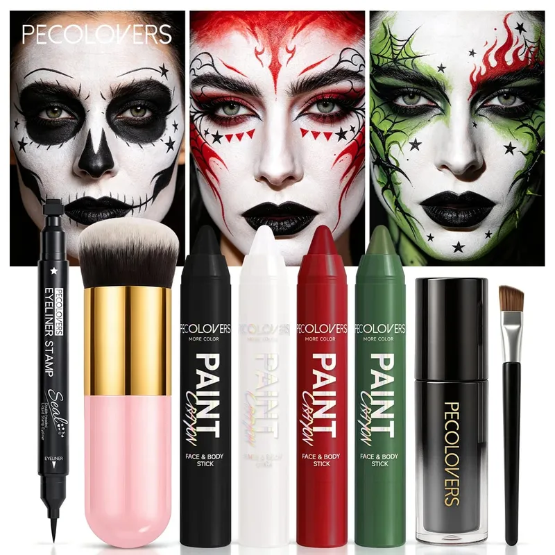 8PCS Halloween Gothic Facial Body Painting Suit Multi-color Paint Pen Star Eyeliner Pen Black Lipstick and Two Makeup Brushes — image 2