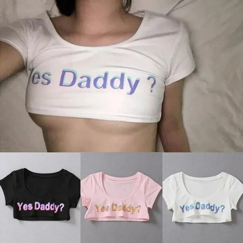 Women Letter Print Short Sleeve Yes Daddy Short Top Sleeve Crop Running T Shirt — image 2
