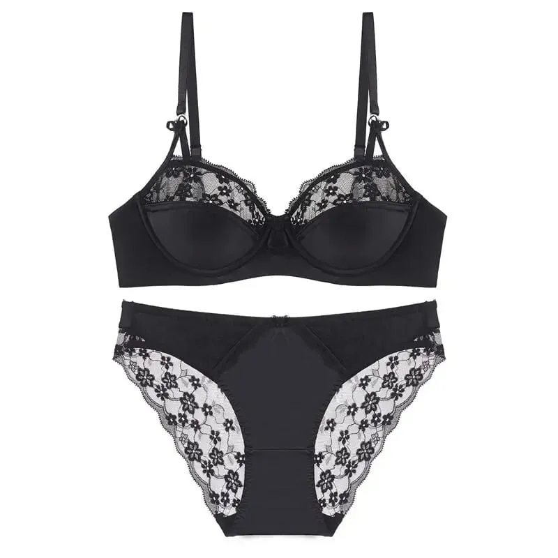 Set reggiseno in pizzo francese sottile a mezza tazza da donna Minimizer per busto grande Push Up Supporto laterale anti-cedimento Comfort Set intimo quotidiano sexy — image 14
